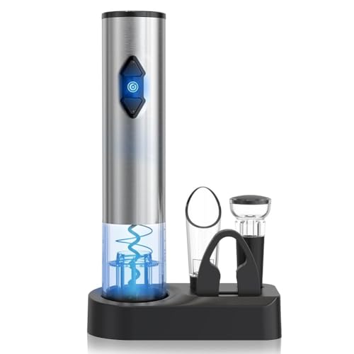 5-in-1 Electric Wine Opener Gift Set Stainless Steel Electric Wine Bottle Opener Battery Operated Corkscrew with Foil Cutter, Wine Pour, Wine Stopper and Storage Base, Silver