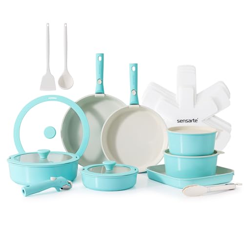 24 Piece Ceramic Detachable Handle Pots and Pans Set Turquoise