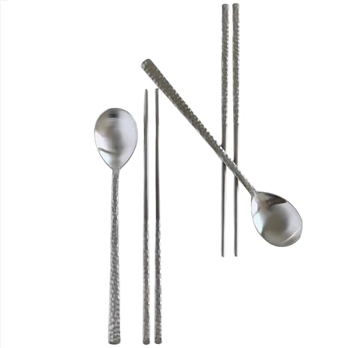 Korean Made Silver Glossy Hammered Stainless Steel Korean Spoon & Chopstick SET Stocking Stuffer Gift for Mom