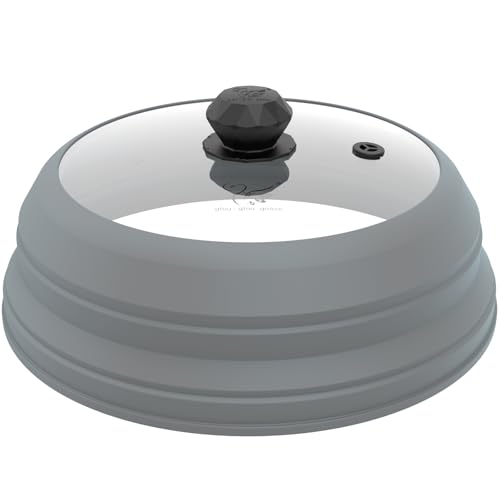 Microwave Splatter Cover Vented Glass Splatter Guard Lid with Collapsible Silicone for Food as Pot Cover 11.8 inch Large Plate for 6 7 8 9 10 11 inch Plate Bowl Light Grey