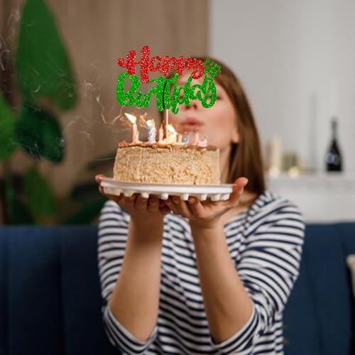 1Pcs Happy Birthday Cake Topper Glitter Happy Birthday Cake Pick for Christmas Theme Baby Shower Anniversary Party Decorations Supplies Red Green