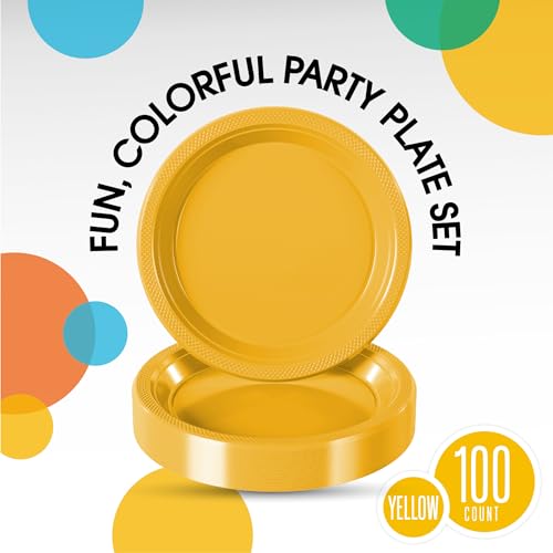 Sturdy Yellow Plastic Plates 9" Party Plates 100 Pcs (100 Count)