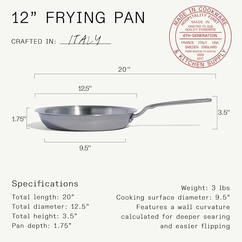 Cookware - 12-Inch Stainless Steel Frying Pan - 5 Ply Stainless Clad - Professional Cookware - Crafted in Italy - Induction Compatible