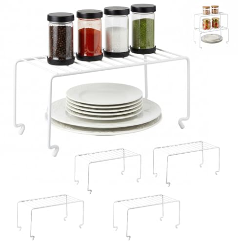 4-Pack Small (10.8x5.3inch) White Stackable Shelf Organizer Rack, Wire Shelf Rack for Kitchen Cabinet, Pantry, Desk Organization and Storage, Rustproof (4 Count)