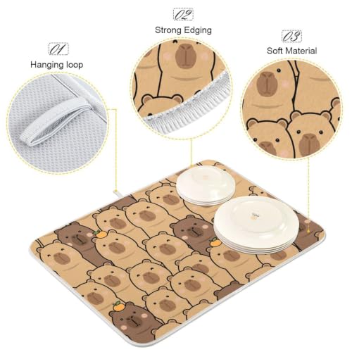 Cute Capybara Orange Dish Drying Mat for Kitchen Counter Absorbent Microfiber Drying Pad