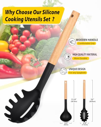 Silicone Pasta Fork and Ladle Spoon Set with Wooden Handle (2 Count)