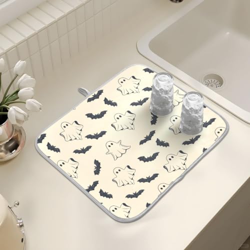 Halloween Spooky Ghost Bats Dish Drying Mat for Kitchen Counter Absorbent Microfiber Large Drying Pad Dish mats for Kitchen Countertops 18 x 24 Inch