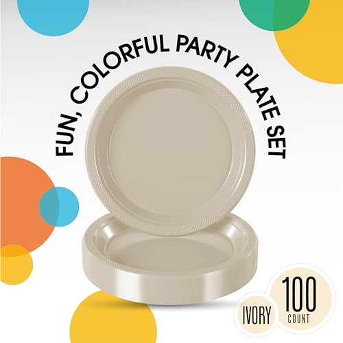 Exquisite Party Solids Sturdy Ivory Plastic Plates 7" Cake Plates 100 Pcs (100 Count)