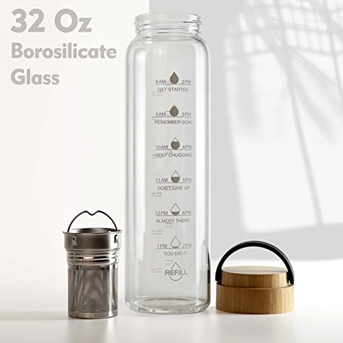 32 oz Motivational Glass Water Bottles with Bamboo Lid Straw and Time Marker