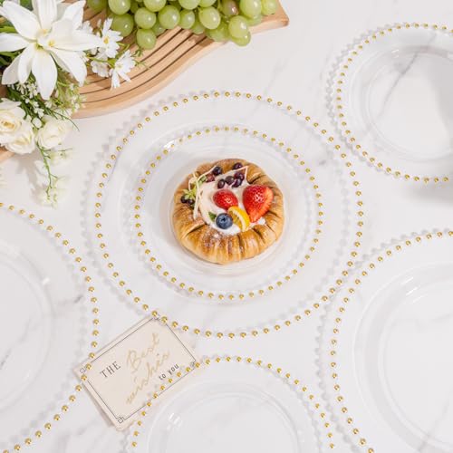 100pcs Clear Plastic Plates with Gold Beads for Bridal Showers (100 Count)