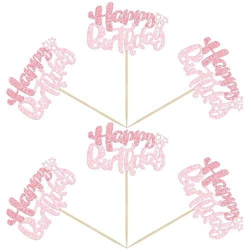 24Pcs Pink Light Pink Happy Birthday Cupcake Toppers for Baby Shower (24 Count)