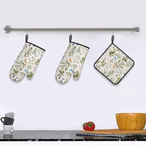 Vintage Floral Oven Mitts and Pot Holders Sets of 3 Cute Botanic (3 Count)