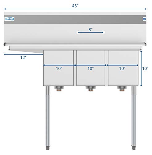 SC101410 12L3 3 Compartment Stainless Steel NSF Commercial Kitchen Sink with 1 Drainboard
