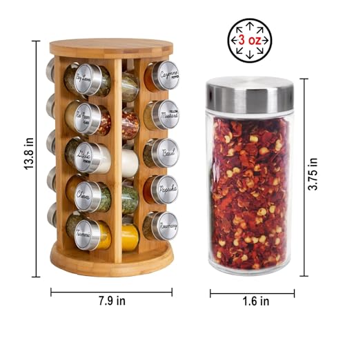 20 Jar Rotating Bamboo Spice Rack with Spices Included & 5