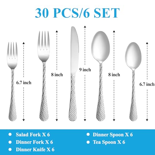30 Pcs Hammered Silverware Set Service for 6 (30 Count)