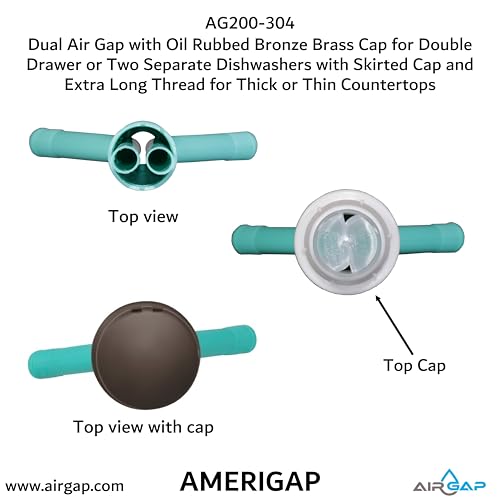 Dual Air Gap with Oil Rubbed Bronze Brass Cap for Double Drawer or Two Separate Dishwashers with Skirted Cap and Extra Long Thread for Thick or Thin Countertops
