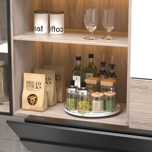 12 Inch Oak Lazy Susan Spice Organizer with Silver Metal Rail