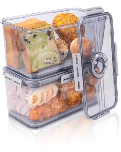 Bread Box 2 Pack Bread Storage Container Airtight Recording Time Bread Box for Kitchen Countertop Plastic Bread Keeper with Lid for Homemade Bread (2 Count)