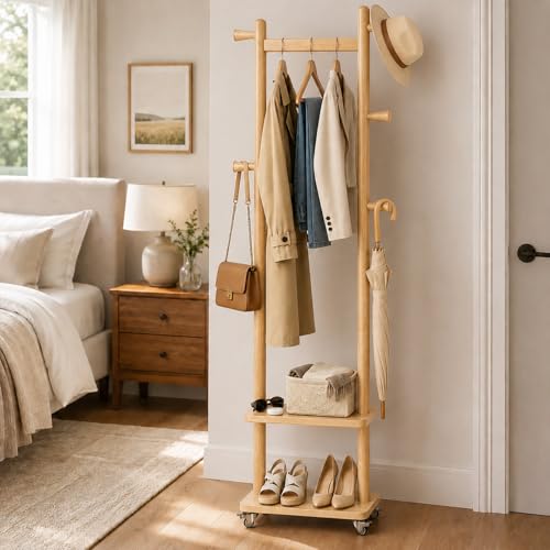Small Clothes Rack Solid Wood Coat Rack Freestanding with Wheels