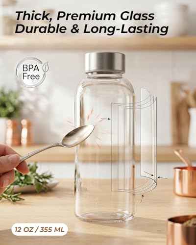 Glass Water Bottles with Stainless Steel Lids 12 oz (8 Count)