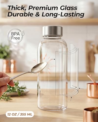 Glass Water Bottles with Stainless Steel Lids 12 oz (4 Count)