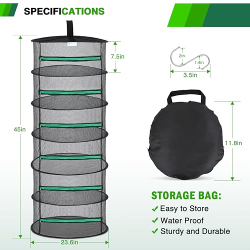 6 Layer Herb Drying Rack Hanging Mesh Net Foldable Plant Drying Racks 24" Diameter with Green Zipper & Hook Dryer Hanging Rack for Herbs Seed Bud Fruit Clothes Grow Tent Closets Garden Outdoor