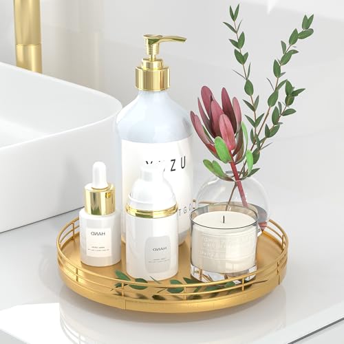 9 Inch Oak Lazy Susan Vanity Tray with Gold Metal Rail