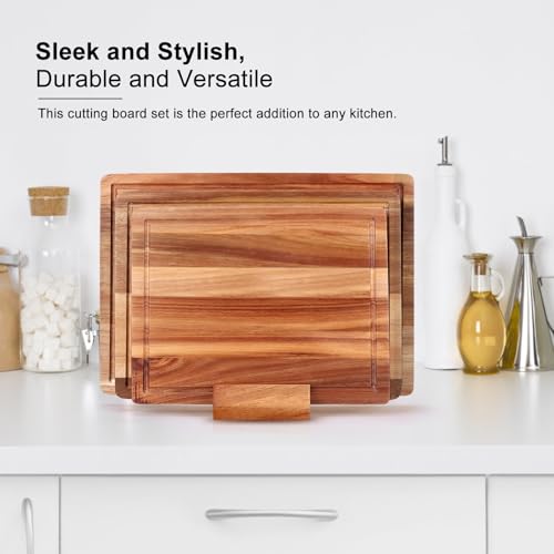 Extra Large Acacia Wood Cutting Board Set of 3 Wooden Chopping Board With Holder Fruit Cutting Boards Charcuterie Boards for Kitchen Bread Cheese Serving Board Meat Cutting Board Carving Board (3 Count)