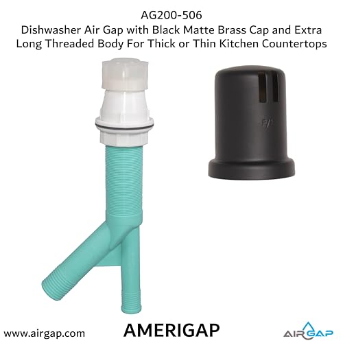 Dishwasher Air Gap with Skirted Black Matte Brass Cap and Extra Long Threaded Body for Thick or Thin Kitchen Countertops