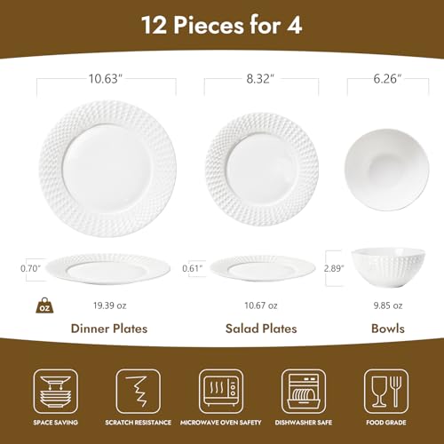12Pc Rhombus Edge White Bone China Set