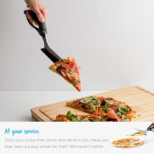 Scizza 2-In-1 Easy Ergonomic Pizza Scissors with Stainless Steel Pizza Cutter Blades & Non-Stick Slice Server - Black