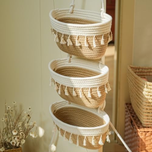 3 Tier Cotton Rope Baskets with Tassels Over the Door Wall Hanging Baskets for Nursery (33.12 Ounce)