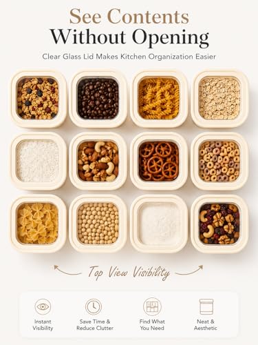 12 Pack Square Glass Pantry Storage Containers Set with Glass Lids (12 Count)