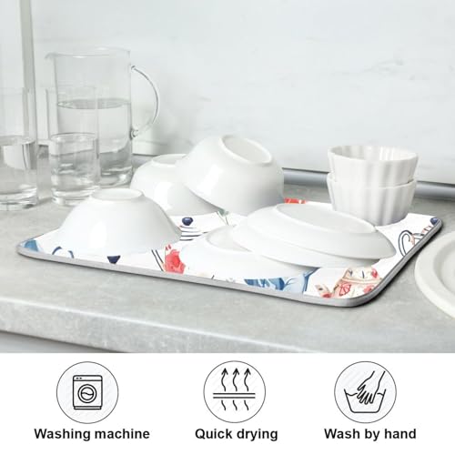Watercolor Tea Cups Teapots Dish Drying Mat for Kitchen Counter Absorbent Microfiber Drying Pad
