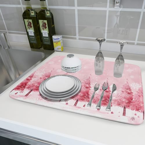 Pink Trees Dish Drying Mats Christmas Snowy Decor Drying Pad Kitchen Countertop Drainer Rack Mat 18 X 24 Inch