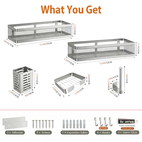 5-in-1 Wide Wall Mount Wrapped Mesh Kitchen Organizer & Shower Caddy Kit, with Paper Towel Holder, Utensil Holder, Soap Dish, Heavy Duty 50LBS - Silver Gray, Netting