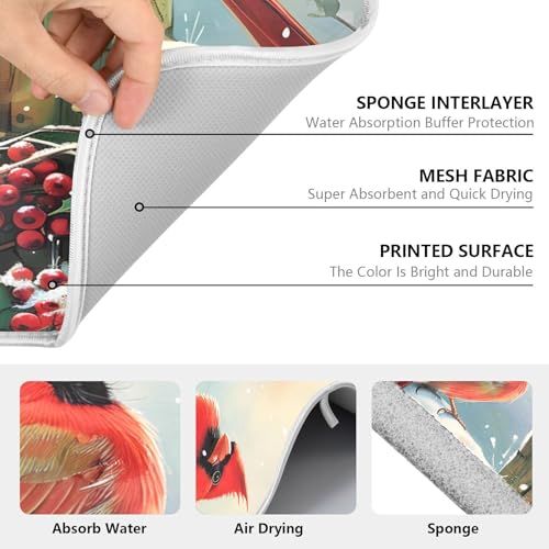 Winter Birds Snowflakes Berry Dish Drying Mat for Kitchen Counter Absorbent Microfiber Large Christmas Drying Pad Dish Mats for Kitchen Countertops 18 x 24 Inch
