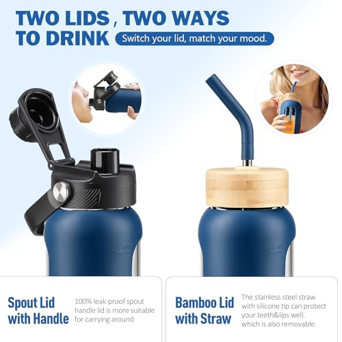 32 oz Glass Water Bottle with Straw and 2 Lids
