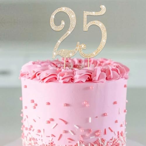 Gold 25th Birthday Cake Topper Rhinestones Cake Decorations for 25th Birthday Party
