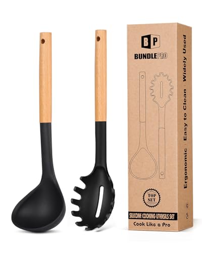 Silicone Pasta Fork and Ladle Spoon Set with Wooden Handle (2 Count)