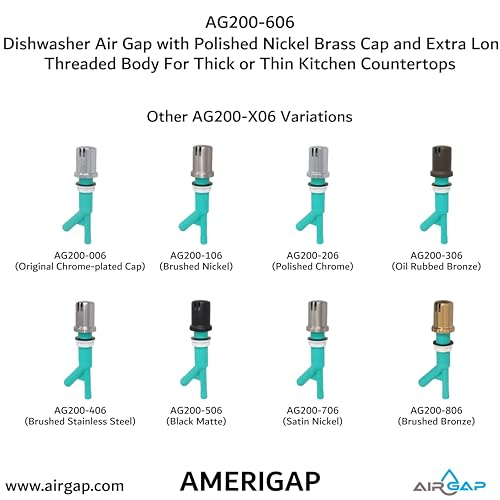 Dishwasher Air Gap with Skirted Polished Nickel Brass Cap and Extra Long Threaded Body for Thick or Thin Kitchen Countertops