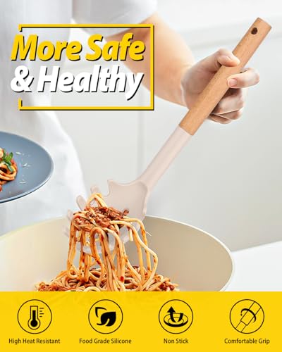 Silicone Pasta Fork and Ladle Spoon Set with Wooden Handle (2 Count)