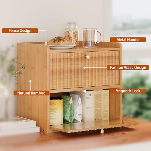 Rustic Bread Box for Kitchen Countertop Bamboo Bread Storage Container Bin Double Layer BreadBox Farmhouse Large Capacity Food Organizer