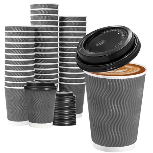 50 Pack 12 oz Insulated Disposable Coffee Cups With Lids (50 Count)