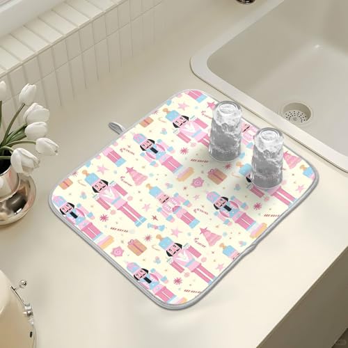 Pink Nutcracker Christmas Dish Drying Mat for Kitchen Counter Absorbent Microfiber Large Drying Pad Dish mats for Kitchen Countertops 18 x 24 Inch