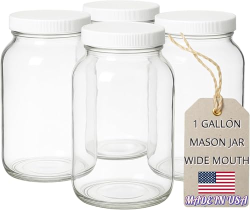 1 Gallon Glass Jar Wide Mouth with Airtight Foam Lined Plastic Lid (4 Count)