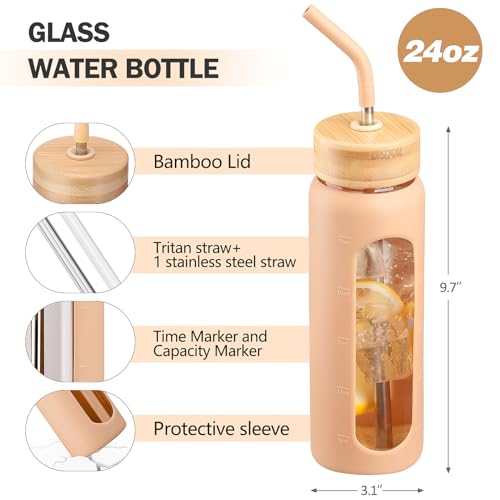 24oz Glass Water Bottle with Straw and 2 Lids