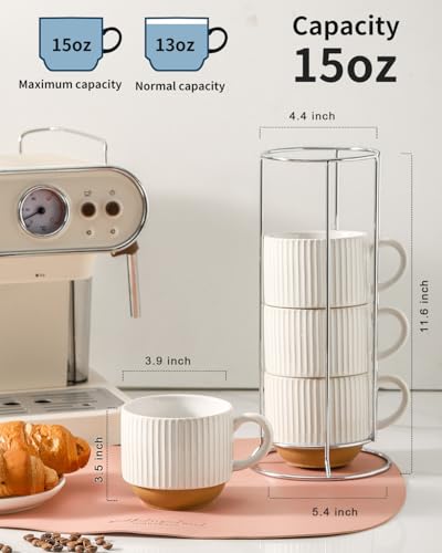 15 oz Ribbed Stackable Ceramic Coffee Mug Set of 4 (4 Count)
