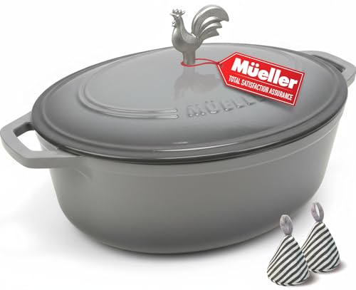 MUELLER HOME 5.5 Quart Enameled Cast Iron Oval Dutch Oven with Rooster Knob & Cotton Potholders