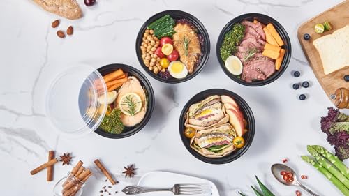 32 oz 150 ct Round Meal Prep Containers with Lids Plastic Food Storage Lunch Plan To Go Box Disposable Take Out Bowls Black BPA Free Reusable Durable Stackable Microwave Freezer Dishwasher Safe (150 Count)
